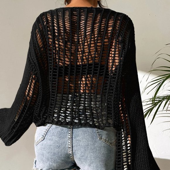 Black Boho Womens Open Knit Bell Sleeve Sheer Sweater - Picture 3 of 5